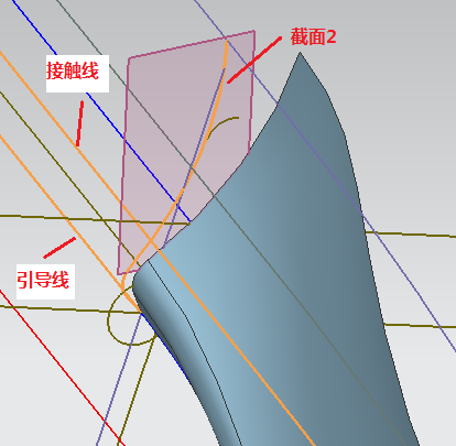 截面2 曲线末端在引导线上，中间某一点在接触线上