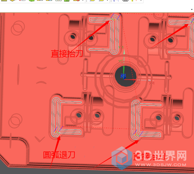 平面铣一次铣4个平面，退刀总有直线退刀，