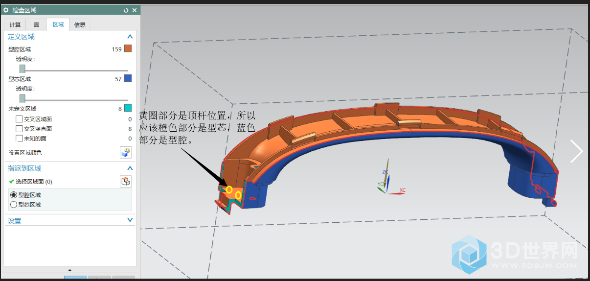 型芯型腔区域相反