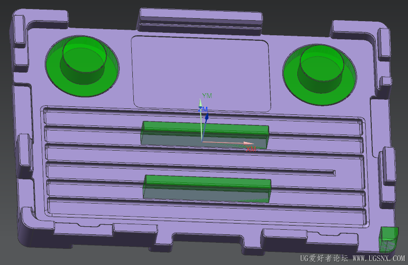 比如这个零件，材料电木，350*250*30 一序开粗时效后变形量在0.6左右（两边翘中间凹）绿色是辅助体 ... ...
